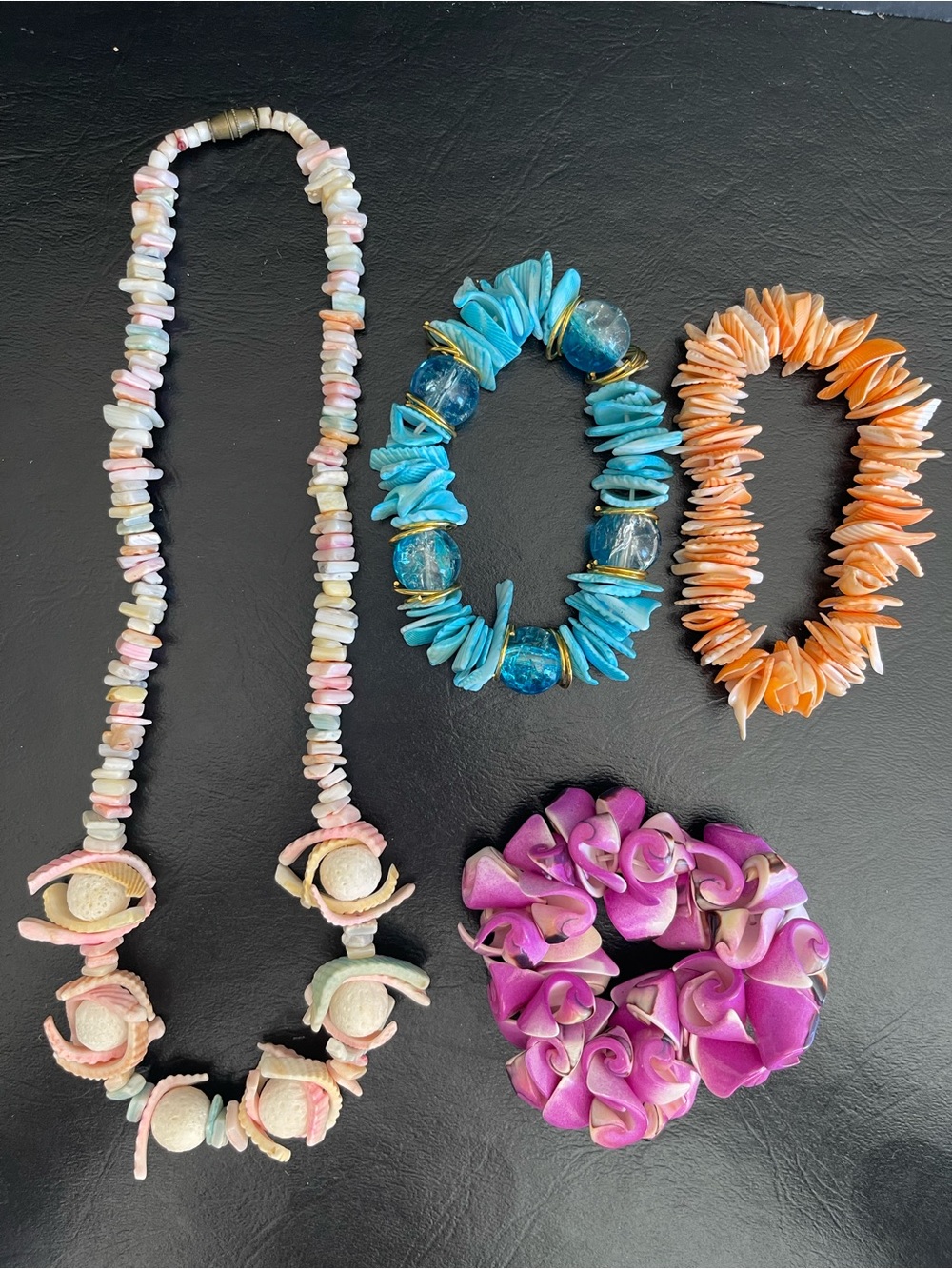 Multicolor genuine Shell Necklace and Bracelet Set - Pink, Blue, Orange, Purple
